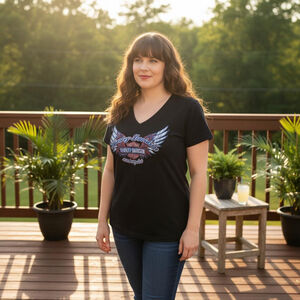 Women's Harley-Davidson Black Blue Red Graphic V-Neck Short Sleeve Tee M